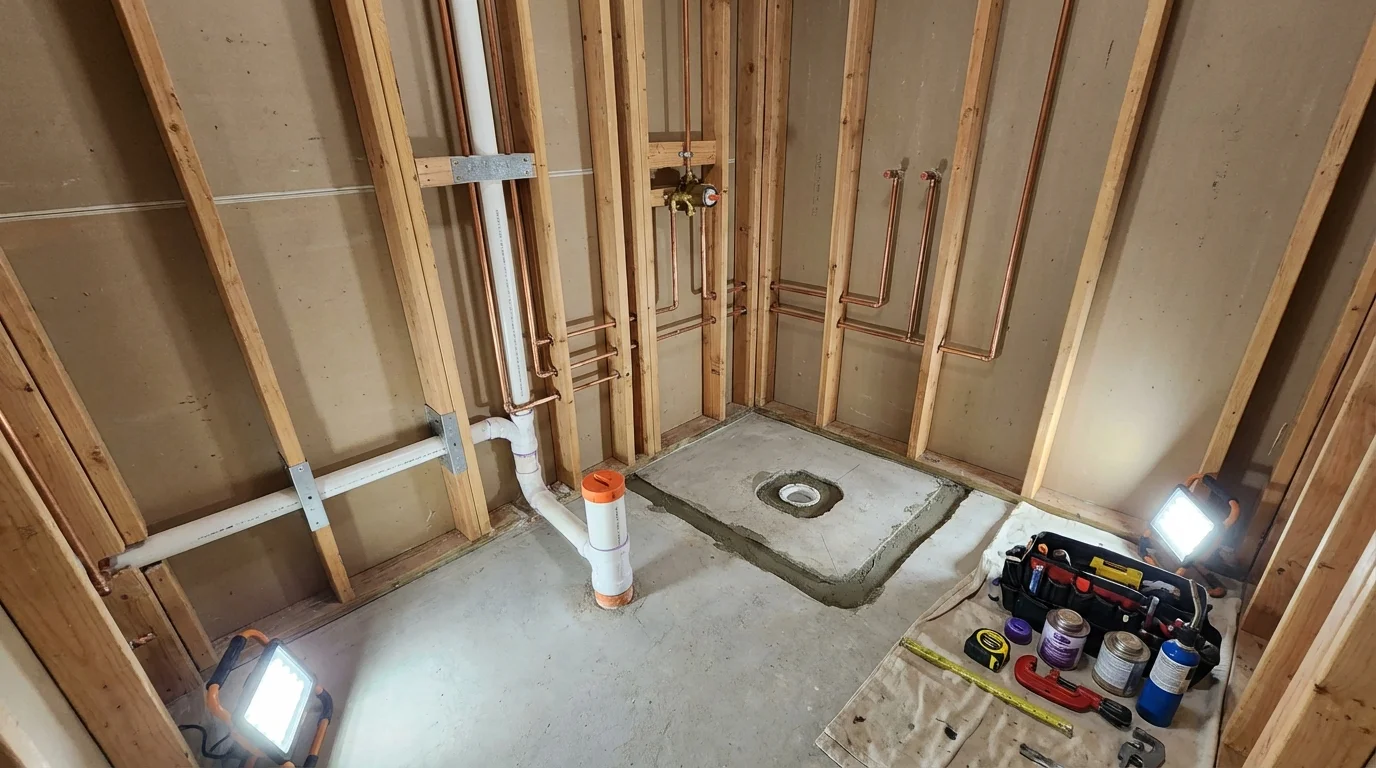 Bathroom rough-in plumbing during remodel by Johns Plumbing LLC in Cashmere