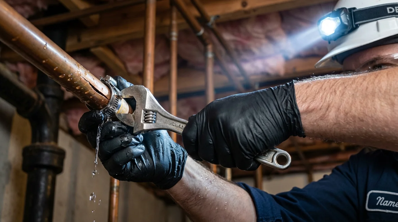 Emergency pipe clamp repair being performed by a Johns Plumbing LLC plumber in Cashmere