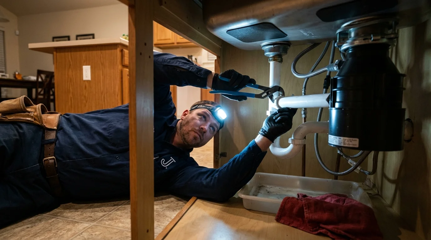 P-trap and supply line connections under a kitchen sink showing a common leak point in Cashmere, WA